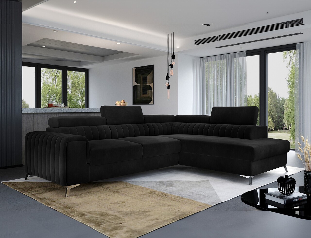 Coltar extensibil dreapta 4 locuri, ELTAP, Lau-39, Laurence, 278x205x92 cm, lemn/poliester, negru - imagine 5